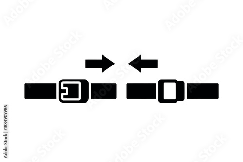 A simple black and white illustration of two reversible belt buckles with arrows pointing to each other