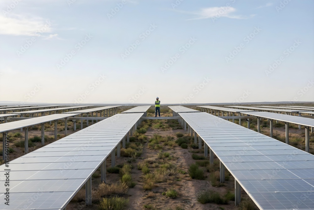 Naklejka premium Aerial view of a massive solar farm field with rows of photovoltaic panels under a clear blue sky.