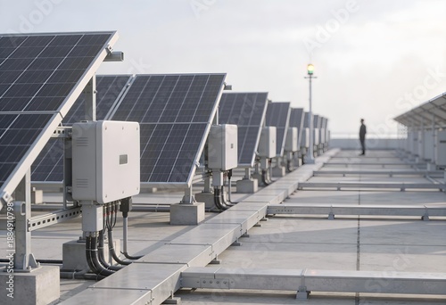 Perspective view of solar panel arrays on a modern flat roof with electrical boxes and mounting systems.