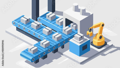 Automated factory production line with robotic arm and conveyor belts.