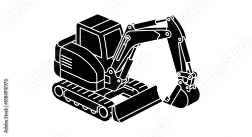 Black and white illustration of a compact excavator machine.