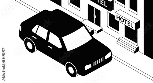 Black Car Parked in Front of a Hotel Building.