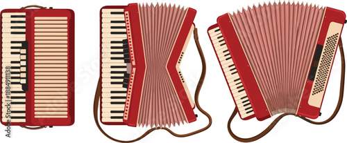 Red Accordion Musical Instrument Set Front and Side Views Vector Illustration Isolated on White Background for Music Design