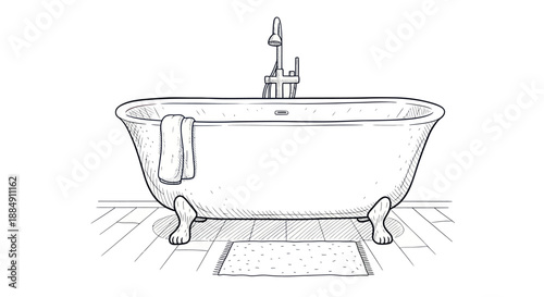 Clawfoot Bathtub with Faucet and Towel Line Art Drawing.