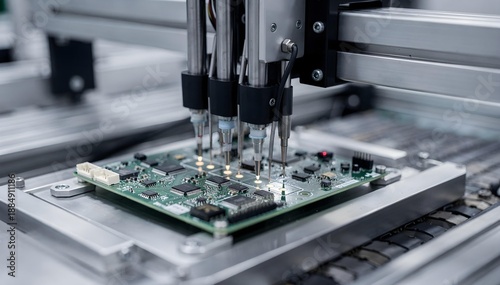 Automated pick and place machine installing tiny electronic components on a motherboard PCB.