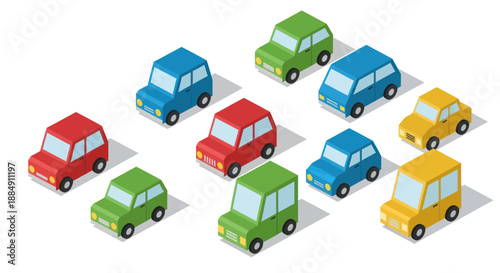 Collection of colorful isometric toy cars arranged in a playful pattern.