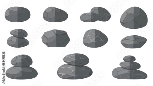 Collection of Various Gray Stones and Stacked Rocks.