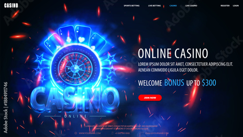 Website for online casino with a blue background and a blue neon logo. The logo is a blue neon roulette. The website is designed to look like a casino, with a bright neon design
