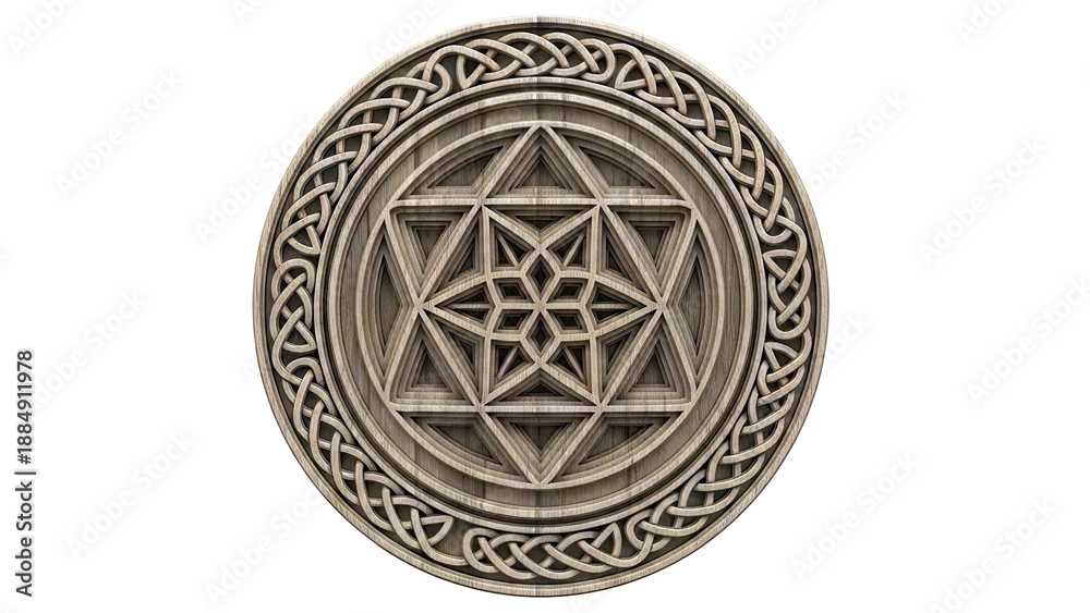 Fototapeta premium Layered wooden sacred geometry art with Celtic knot border