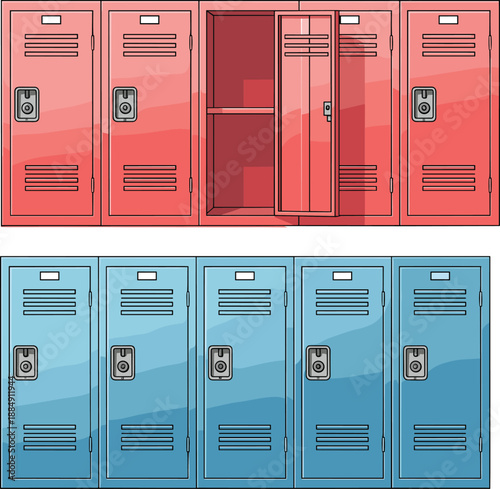 School Locker Cabinets Set in Red and Blue Colors Vector Illustration Isolated on White Background for Education and Interior Design