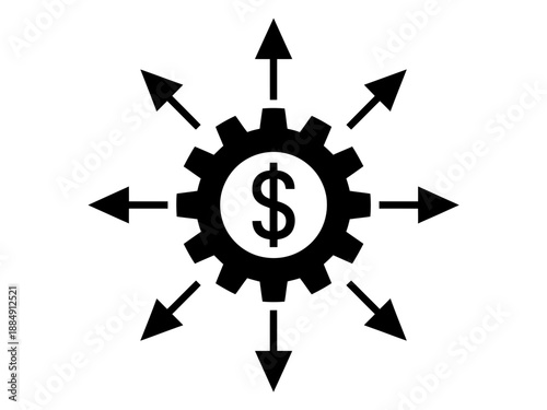 A gear with a dollar sign inside is surrounded by arrows pointing outwards, symbolizing financial distribution.