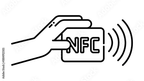 A hand holds an NFC card, showing wireless communication signals emanating from it.