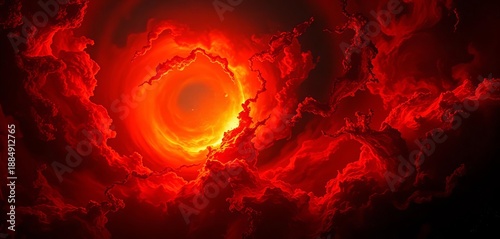 A swirling cosmic storm of molten reds, oranges, and blacks, a fiery nebula where dark energy pulses through chaotic gas and dust clouds,  desolate,  cosmic void