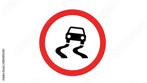 Slippery road warning sign with car icon on white background, symbol for caution and danger on wet or icy surfaces