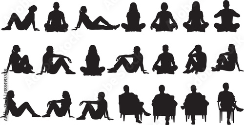 Large collection of black silhouettes featuring men and women sitting on chairs and floor isolated on white background for architectural visualization and interior design