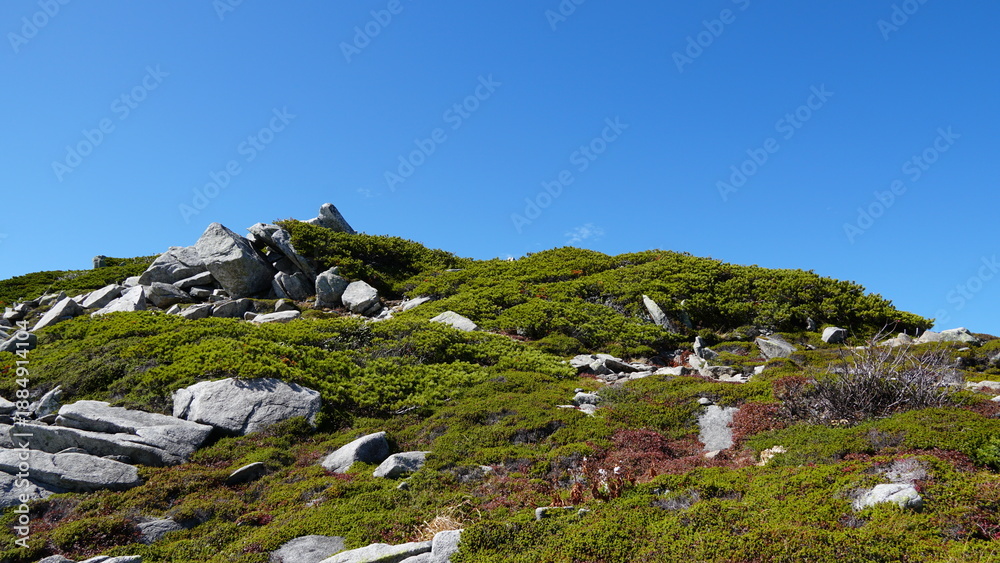 Fototapeta premium Autumn Hiking Scenery at Mount Kisokomagatake: Vibrant Fall Colors on Kisokomagatake Trail in the Japanese Alps, Japan