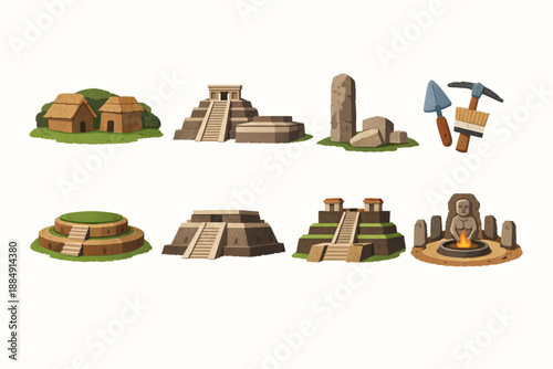 El Salvador archaeological site icons in torn vector texture style