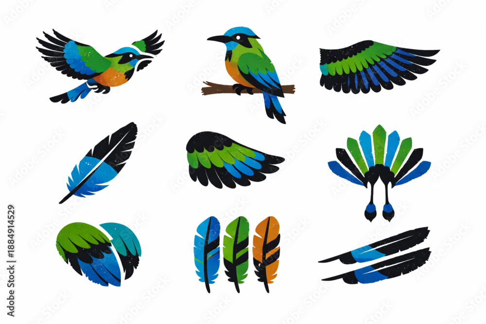 Obraz premium Torogoz bird icons in torn vector texture style
