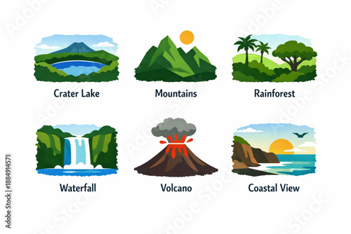 El Salvador natural landscapes icons in torn vector texture style
