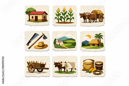 Salvadoran rural life icons in torn vector texture style