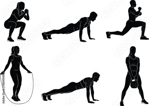 Fitness exercise silhouette set, men and women training, squats, push ups, lunges, plank, kettlebell, jump rope, workout, gym vector illustration