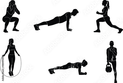 Fitness workout silhouette collection, men and women exercising, push ups, squats, lunges, plank, kettlebell, jump rope, strength training, gym vector illustration