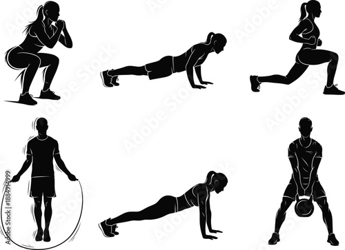 Fitness workout silhouette collection, men and women exercising, push ups, squats, lunges, kettlebell, jump rope, strength training, gym workout vector illustration