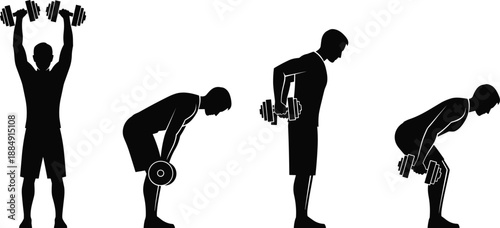 Fitness workout silhouette vector illustration, man performing dumbbell exercises sequence, strength training routines for gym and bodybuilding concept isolated on white background