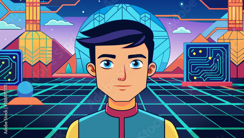 A cartoon illustration of a businessman person in a hat working on a city roof while using his phone as a security icon