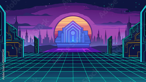 A 3D illustration of a church silhouette against a dark night sky with a glowing moon over the urban city skyline and architectural towers