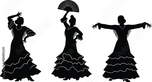 Flamenco Dancer Silhouettes Set: Three Traditional Spanish Dance Poses Vector Illustration with Ruffled Skirt, Fringed Shawl, and Hand Fan for Cultural Performance Art