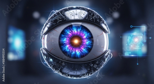 Futuristic digital eye with vibrant iris and glowing pupil.