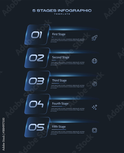 5 Steps Dark Infographic Tech Template with Minimal Neon Gradient Elements. UI Interface Linear Layout 4 Step Connecting Node feathering AI Data Analysis Semiconductor Icons Technology Report.