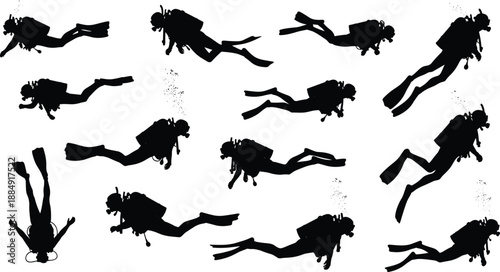 Silhouette collection of scuba divers swimming and diving underwater, diverse stances with fins and tanks for motion study illustration design