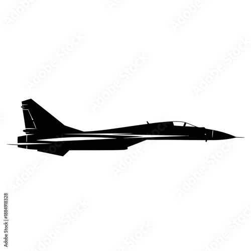 Silhouette of a modern fighter jet in flight against a white background