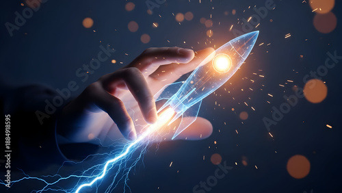 Hand launching glowing rocket with electric energy and sparks
