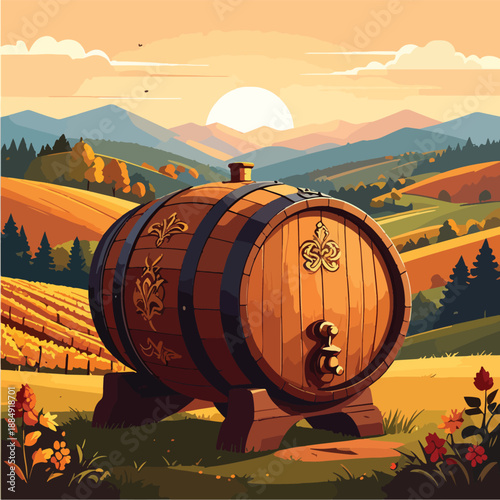 wine barrels at sunset