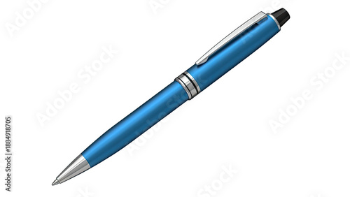 Blue metallic ballpoint pen with silver accents on a white background