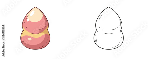 Cosmetic beauty blender sponge in color and line art styles for liquid foundation application and skin blending featuring teardrop shape with outlines in flat vector cartoon style