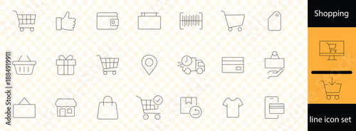 Online shopping line icons for website design and app. Vector symbols for delivery, payment, mobile shopping, cart, secure transaction, and returns