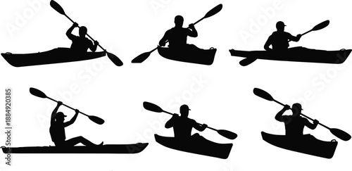 Silhouette collection of kayakers paddling in diverse stances, outdoor water sport motion study showing kayaking techniques and recreational activity design