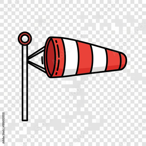 Red and white windsock on pole, indicating wind direction and speed, transparent background