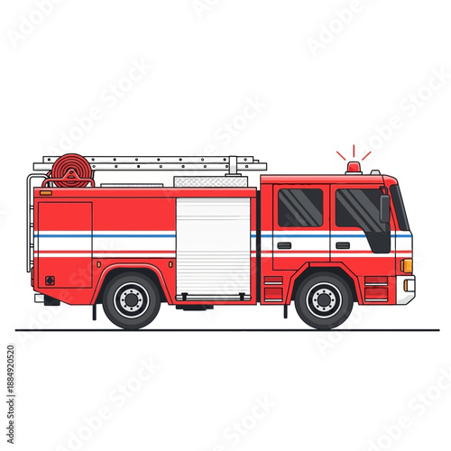 Red fire truck illustration with ladder and hose