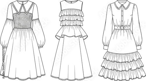 Feminine and Trendy Fashion Dress Technical Flats: Long Sleeve, Smocked Bodice, Tiered Ruffle Skirts, Sleeveless, Peplum, CAD Drawing Vector Illustration