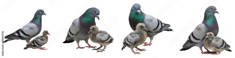 Fototapeta premium Collection of Realistic Pigeon with Cute Squab Sitting Together, Urban and Wild Bird Mother and Child Bonding, Wildlife Family Concept isolated on white transparent PNG background