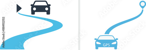 Vector icons of car GPS navigation systems, featuring a vehicle on a winding blue road with a destination pin, representing route tracking and directional guidance for travel.