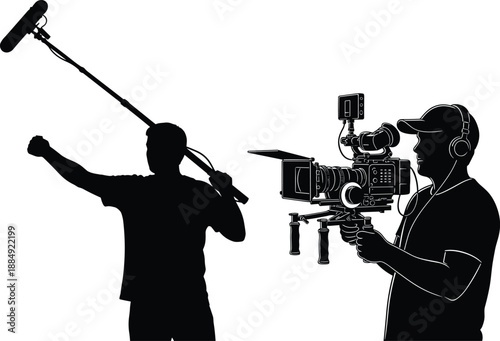 Film crew silhouettes vector illustration, cameraman with video camera and sound operator with boom microphone, isolated on white background for movie production design.