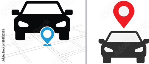 Modern vector icons of car silhouettes with GPS map pins, featuring a vehicle on a grid map and a car with a red location marker, representing automotive navigation and tracking systems.