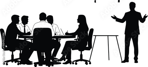 Business presentation silhouette of professional leader explaining data to diverse corporate team sitting at conference table during office meeting, workshop or seminar