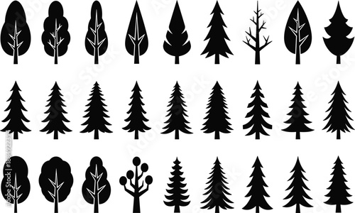 Collection of diverse tree silhouettes including pine, fir and deciduous types, isolated vector symbols for forest landscape, nature environment and ecology design